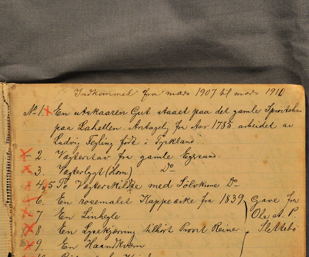 Museets første protokoll fra 1907. Arkiv: Dalane Folkemuseum